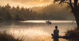 a person sitting on a dock looking at the water,the man sits in the calm water as the sun is setting