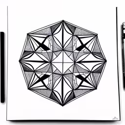 this drawing depicts an optically pleasingally shaped pattern,a drawing of a circular object drawn with graphite,a pencil drawing of a pentagon with black lines,this is an artist