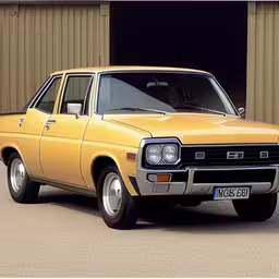 an old yellow car is parked next to a trailer,an old model car is parked outside a building