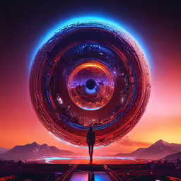 a man looking at a huge circular object in the sky,a person standing in front of a circular object