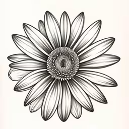 a drawing of a daisy with very detailed leaves,a drawing of a black and white flower
