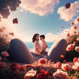 the couple sits on an egg shaped rock by the ocean