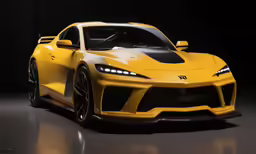 a yellow sports car sitting in the spotlight