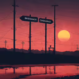 two street signs that are on the pole,an orange sky with some large street signs next to it