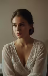 a woman sitting next to a bed in a white shirt
