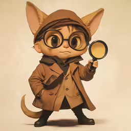 a cat dressed as a man holding a magnifying glass