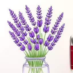 a painting of lavender flowers in a mason jar,there is a drawing of lavender in a jar,a drawing of a mason jar with purple flowers,a drawing of a vase filled with purple flowers next to a marker,the drawing has been made by someone using colored pens