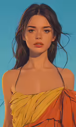 the girl wearing an orange top is posing for a picture