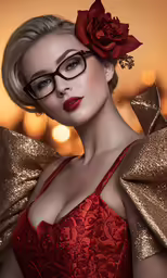 woman in red dress wearing glasses with a rose on her head