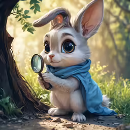 a white bunny rabbit holding a magnifying glass sitting under a tree