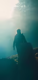 silhouette of man standing on a rock under sunlight