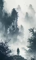 silhouette of person standing on top of hill in foggy forest