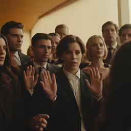 people are lining up with one another and their hands stretched out