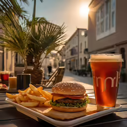 a plate of fries and a burger sitting on top of a wooden table