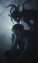 a man with a creepy face sitting on the ground next to a tree