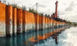 orange concrete barrier and rusted power lines are reflected in a pool of water