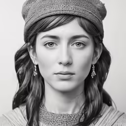 a woman with hair wearing a hat and earrings