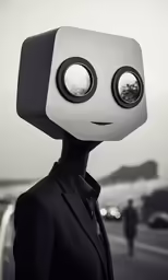 a person in a suit with an automated head