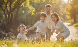 an adult and two children in a grassy area