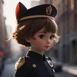 the girl in a military uniform looks forward