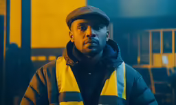 a man standing in a yellow and black jacket