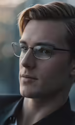 a young man wearing glasses, in front of a building