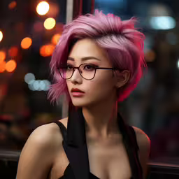 the girl with pink hair is wearing glasses,an animated portrait of a woman with pink hair wearing glasses