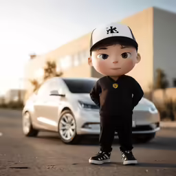a toy wearing a cap and standing in front of a car