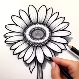 a person is drawing a sunflower with black pens,the drawing of a daisy is on a paper