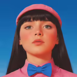 a doll with a pink hat and blue bow tie