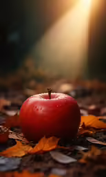 an apple on the ground in leaves is in the dark