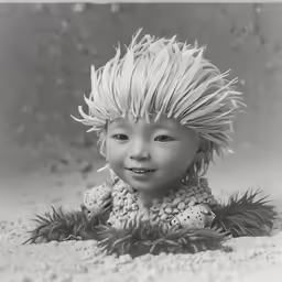 a black and white photograph of a child wearing wigs