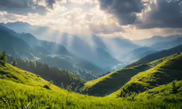 a view of a valley in the mountains on a sunny day