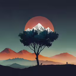 a digital painting of mountains in the distance, and a man standing on a tree,a full moon over mountains with silhouettes of trees