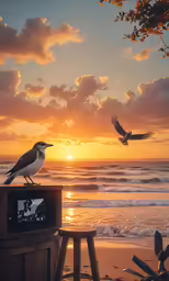 the birds are perched on top of the box and watching the sunset