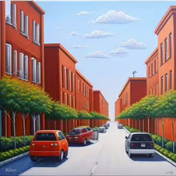 the painting is on display in a museum,there is an art work showing cars driving down the street,there are three cars parked along the road,a painting of a street with cars driving by,painting of a busy city street with a red car