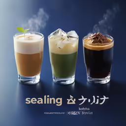 three glasses of beverages on the table with ice in them