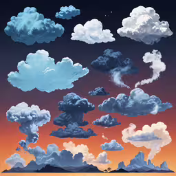 a painting of a variety of clouds with a full moon visible,a series of different clouds are floating above the water