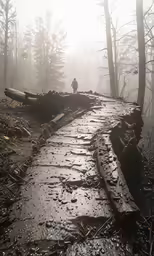 man with backpack standing on edge of trail in rain covered forest