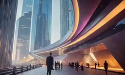 a man in a black suit is looking at the building