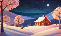 a cabin in the woods is illuminated by bright lights,a painting of snow covered trees and a small house