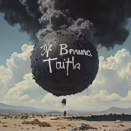 a large black balloon with graffiti in the middle and a man holding onto it