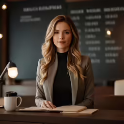 a woman at a table with an open book and coffee cup