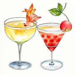 two glasses of different colored beverages with oranges and radishes,some fruit and vegetables that are in wine glasses
