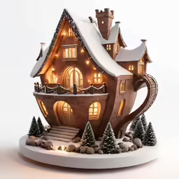 a snow covered house that has its lights on