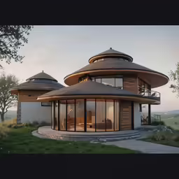 the circular house has glass windows on its roof