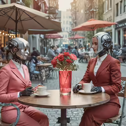 two people sit at a table, dressed as characters holding coffee and talking