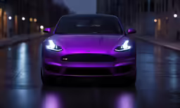 purple, sleek car in a city street at night