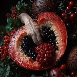 a man holds the flesh and slices a half fruit on his hands