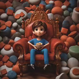 a 3d model of a boy eating popcorn in a red chair